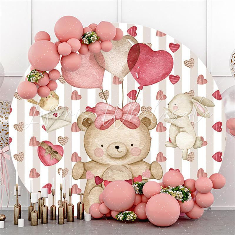 Lofaris White Grey Stripes Love Teddy Bear Wedding Round Backdrop