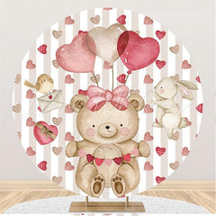 Lofaris White Grey Stripes Love Teddy Bear Wedding Round Backdrop