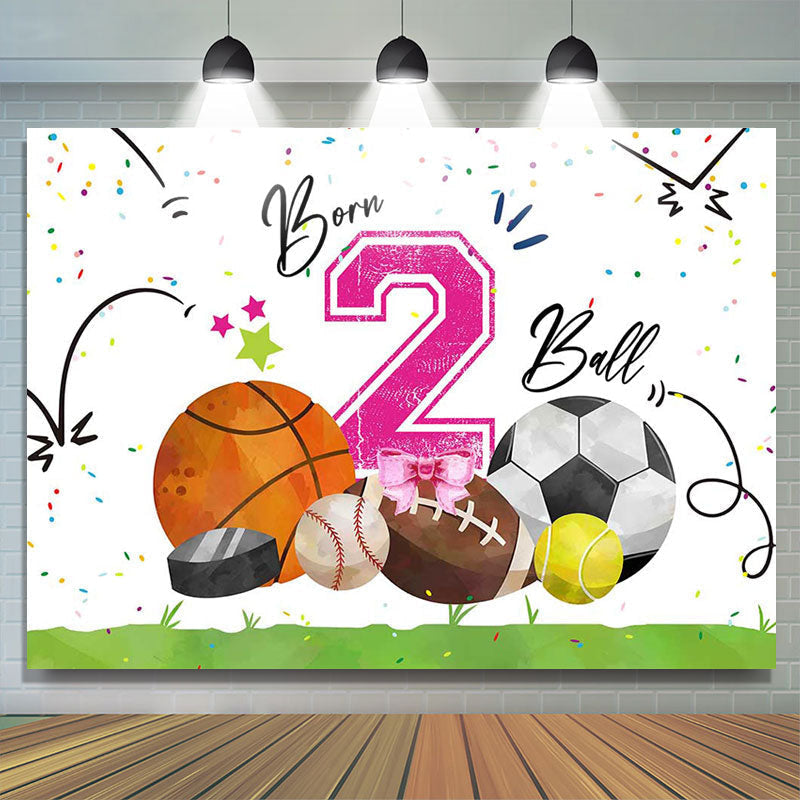 Lofaris White Pink Born 2 Ball Sports Backdrop For Birthday