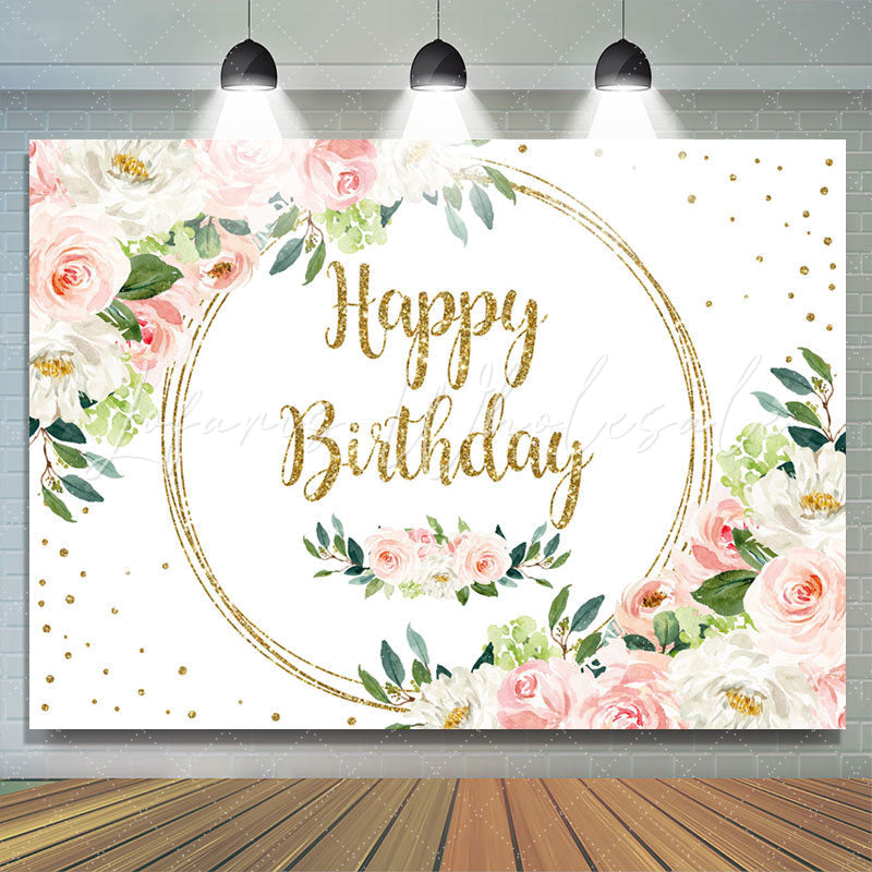 Lofaris White Pink Floral Glitter Happy Birthday Backdrop Banner