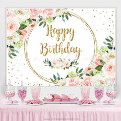 Lofaris White Pink Floral Glitter Happy Birthday Backdrop Banner