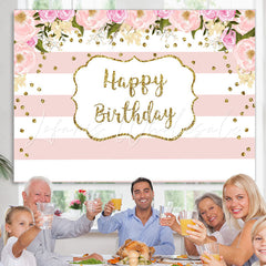 Lofaris White-Pink Stripes And Flower Happy Birthday Backdrop