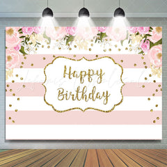 Lofaris White-Pink Stripes And Flower Happy Birthday Backdrop