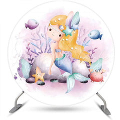 Lofaris White Purple Coral Mermaid Round Birthday Backdrop