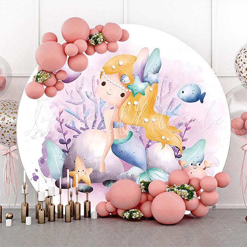 Lofaris White Purple Coral Mermaid Round Birthday Backdrop