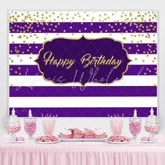 Lofaris White-Purple Stripes And Gold Happy Birthday Backdrop