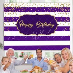 Lofaris White-Purple Stripes And Gold Happy Birthday Backdrop