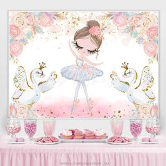 Lofaris White Swan Ballerina Pink Theme Happy Birthday Backdrop