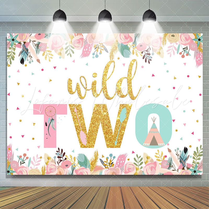 Lofaris Wild Two Gold Pink Floral Birthday Backdrop for Girl