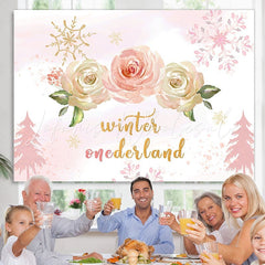 Lofaris Winter onederland Pink roses snow Birthday Backdrop