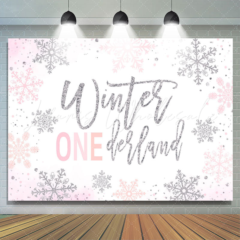 Lofaris Winter Silver Pink Glitter 1St Birthday Backdrop