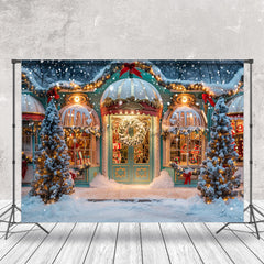 Lofaris Winter Snowy Green Store Trees Christmas Backdrop