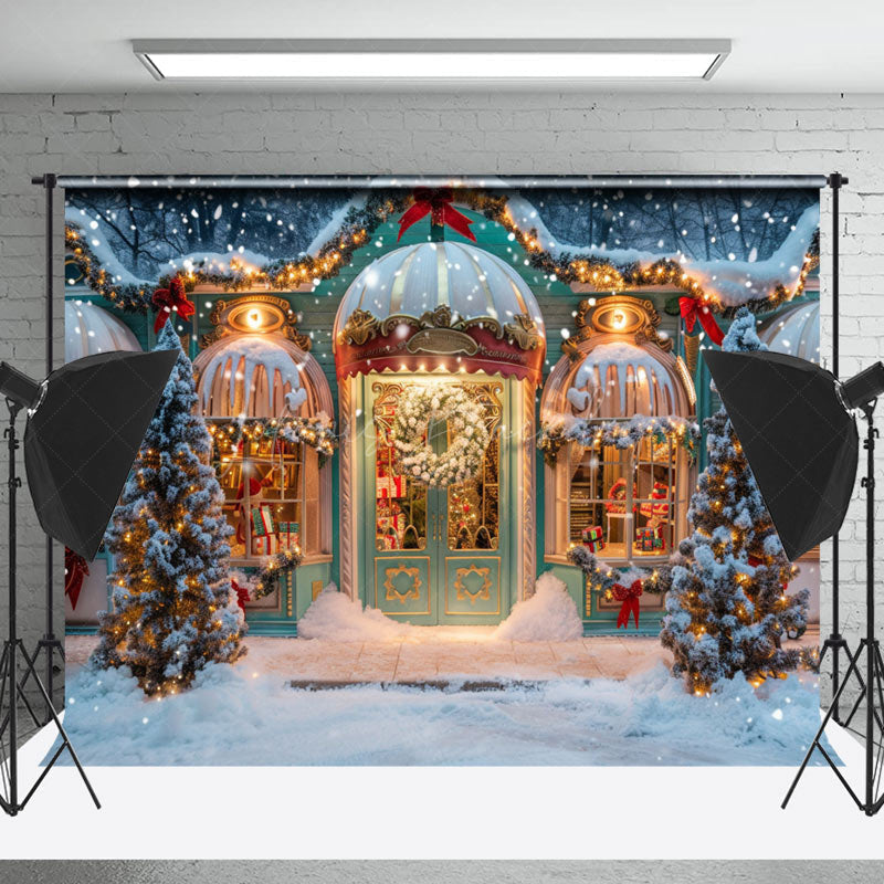 Lofaris Winter Snowy Green Store Trees Christmas Backdrop