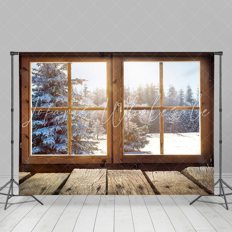 Lofaris Wood Window Snow Pine Christmas Portrait Backdrop