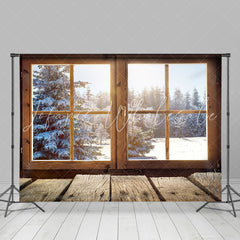 Lofaris Wood Window Snow Pine Christmas Portrait Backdrop