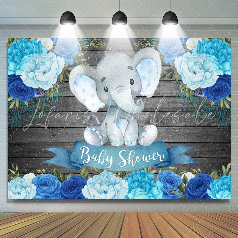 Lofaris Wooden Blue Floral Baby Elephent Shower Backdrop