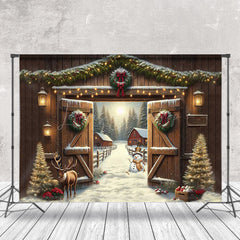 Lofaris Wooden Door Elk Tree Snowy Winter Christmas Backdrop