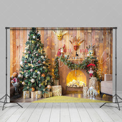 Lofaris Wooden House Tree Gifts Fireplace Christmas Backdrop