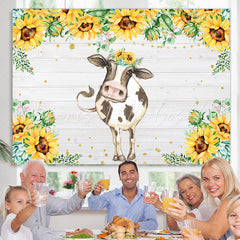 Lofaris Wooden Sunflower Cute Cow Animal Birthday Backdrop