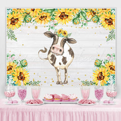 Lofaris Wooden Sunflower Cute Cow Animal Birthday Backdrop