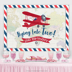 Lofaris World Map Red Airplane Happy 2nd Birthday Backdrop