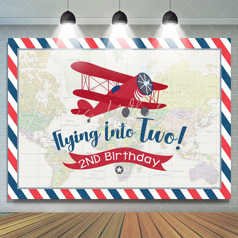 Lofaris World Map Red Airplane Happy 2nd Birthday Backdrop