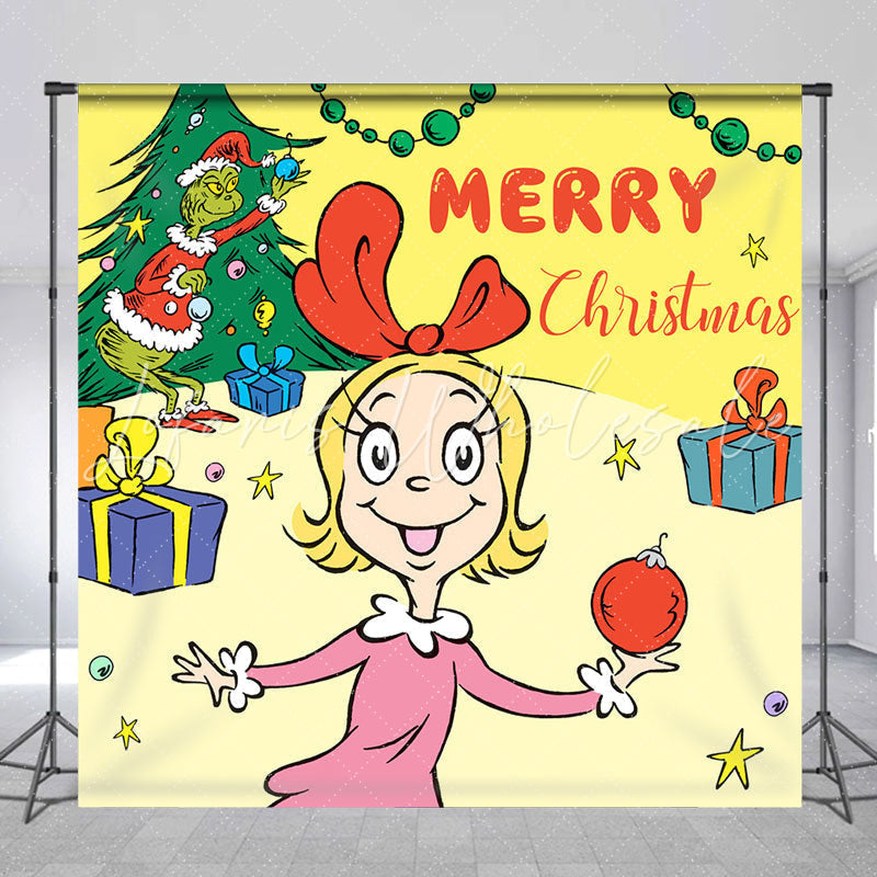 Lofaris Yellow Girl Monster Tree Merry Christmas Backdrop