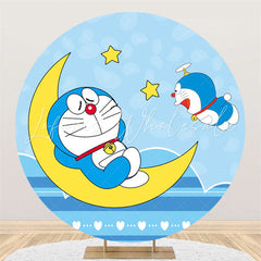 Lofaris Yellow Moon Star Round Blue Cartoon Cat Birthday Backdrop