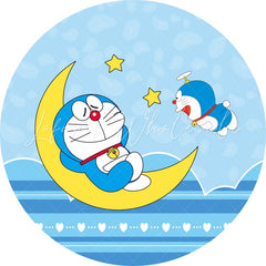 Lofaris Yellow Moon Star Round Blue Cartoon Cat Birthday Backdrop