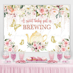 Lofaris Yellow Teapot and Golden Butterfly Baby Shower Backdrop